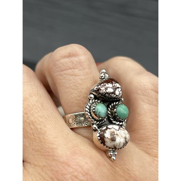 STERLING Silver NATIVE Style SW Wild Horse TURQUOISE Cluster Ring Adj 925 - Picture 7 of 9